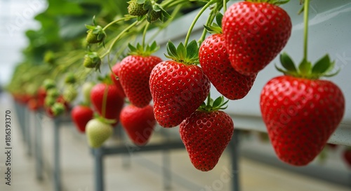 Red strawberry growing in greenhouse farm. Hydroponic cultivation system for organic and fresh fruit harvest. Modern agriculture farming concept.