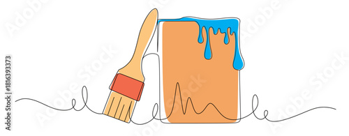 Continuous line art of a brush and can and melted paint with curved lines. Vector illustration with attractive colors.