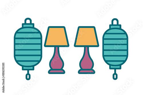 Colorful set of interior lighting fixtures including decorative table lamps and hanging lanterns
