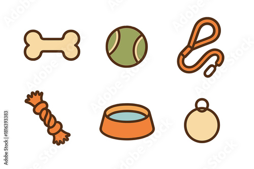 Dog care supplies collection including bone toy tennis ball leash and water bowl