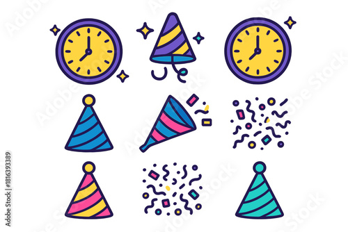 Colorful collection of celebration elements including clocks party hats and confetti poppers