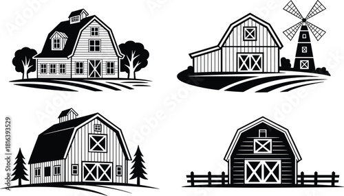 Farm barn illustration set, rustic countryside buildings with windmill, rural agriculture scene collection, vintage farmhouse designs, black and white vector