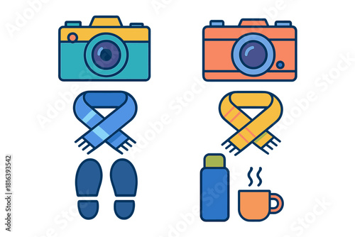 Collection of essential gear and items for winter outdoor travel and cold weather photography