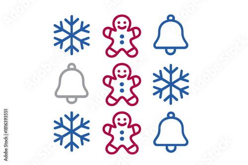 Simple outline icons featuring festive gingerbread cookies, winter snowflakes, and holiday bells
