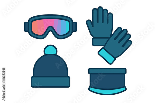 Ski goggles, warm gloves, knit beanie hat, and neck warmer for winter sports
