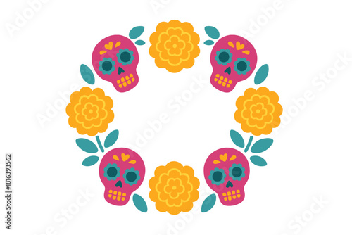 Colorful wreath border of traditional Mexican sugar skulls and marigold flowers for Day of the Dead