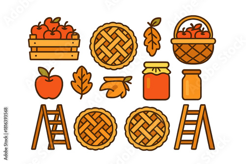 Collection of autumn harvest symbols: fresh apples, baked pies, preserves, and wooden ladders
