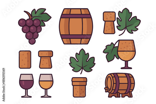 Grapes barrels corks and glasses representing wine production and tasting process