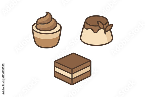 Isometric set of sweet desserts including chocolate mousse, flan pudding, and layered brownie cake