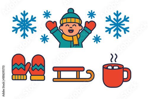 Cheerful person enjoying winter weather surrounded by snowflakes, warm mittens, sled, and hot drink