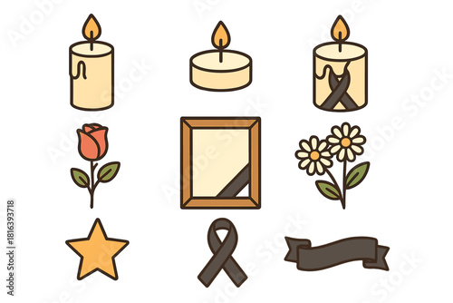 Set of memorial and funeral symbols with burning candles, flowers, photo frame, and black ribbons