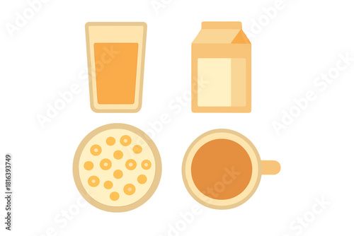Minimalist flat design set of breakfast items: juice, milk carton, cereal, and coffee cup