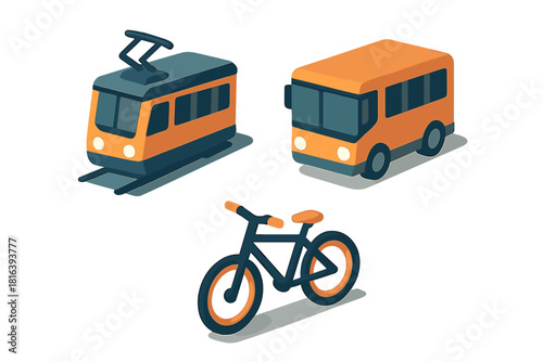 Isometric public transit and personal mobility vehicles: tram, city bus, and bicycle