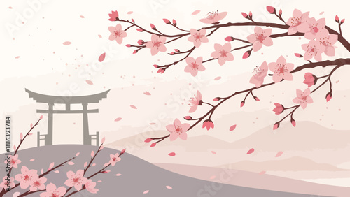 Delicate cherry blossoms frame a serene Japanese torii gate landscape, evoking peace and springtime beauty