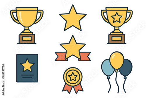 Set of golden trophies, stars, medals, ribbons, and balloons symbolizing victory and success