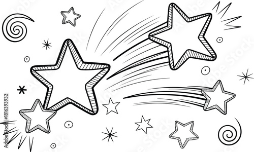 WebHand drawn shooting stars, whimsical celestial doodle illustration, playful star sketch artwork, magical sky elements, decorative cosmic design accents