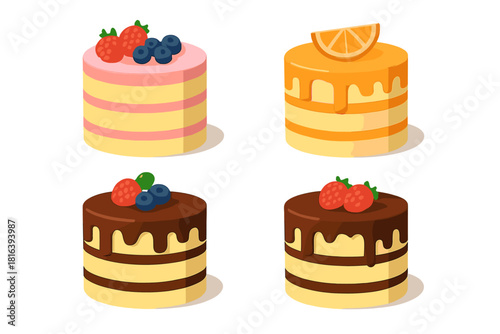 Collection of four delicious layered mini cakes with fruit toppings and colorful frosting