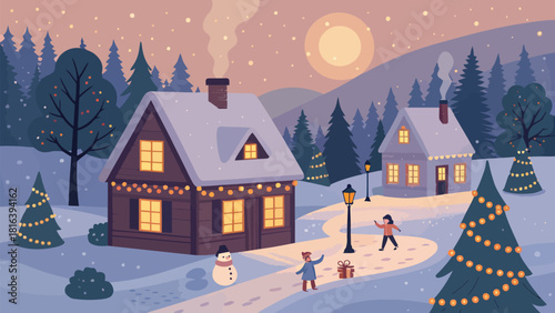 Charming snow covered houses amidst winter wonderland with kids playing, perfect for festive holiday greetings