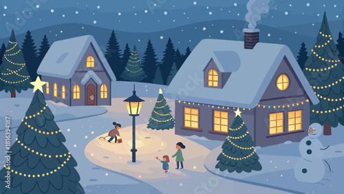 Enchanting winter village scene with snow-covered houses and festive trees, perfect for holiday greetings