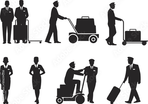 Hotel staff silhouette set, luggage porter icons, bellhop service illustration, airport porter workers, hospitality service symbols, travel industry people graphic
