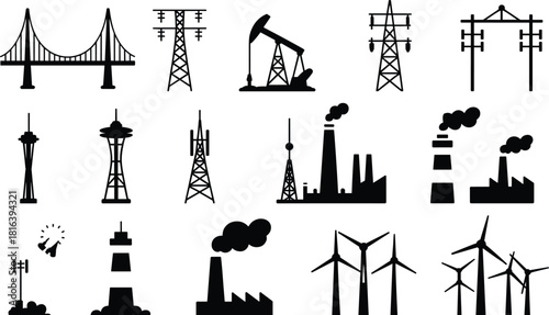 Industrial infrastructure silhouette icons featuring bridges, power lines, oil pump jack, factories, wind turbines, communication towers, energy and utility structures