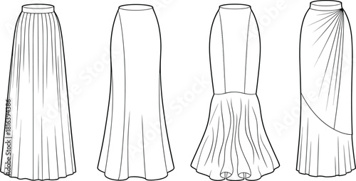 Long skirt fashion templates, technical flat sketches of multiple women’s designs, vector apparel illustration for pattern making, sewing, and garment development