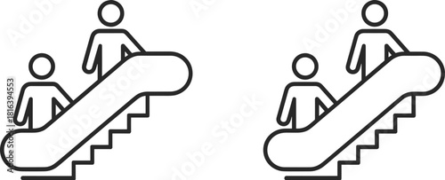 Minimalist escalator icon illustration showing people ascending and descending stairs, transportation symbol design for public spaces, signage, safety and navigation graphics