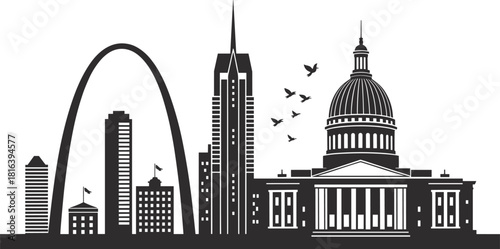 Modern city skyline illustration featuring St. Louis Gateway Arch, government building dome, skyscrapers, flying birds, urban landscape silhouette, architectural landmark art