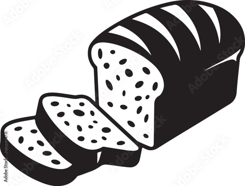 Black and white graphic illustration of a sliced loaf of bread with visible crumbs food