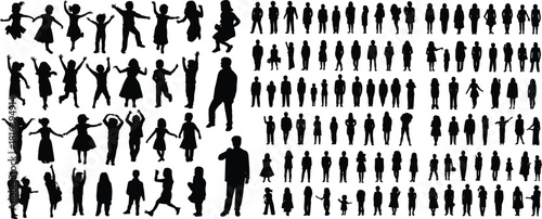 Silhouette, people, children, adults, poses, standing, jumping, walking, group, collection, crowd, activity, movement, figures, illustration, set, playful, lifestyle, human, outline