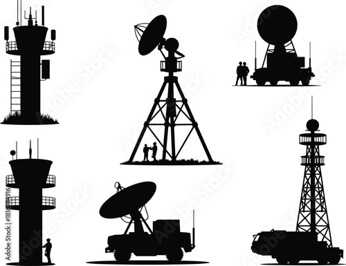 Radar tower and satellite dish silhouette set featuring communication antennas, mobile radar vehicles, surveillance equipment, telecommunication structures, vector illustration