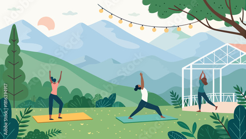 Serene outdoor yoga retreat with mountain backdrop, promoting wellness, balance, and healthy lifestyle