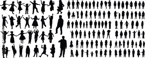 Silhouette, people, children, adults, standing, jumping, walking, group, collection, crowd, movement, figures, activity, playful, lifestyle, outline, human, set, illustration, poses