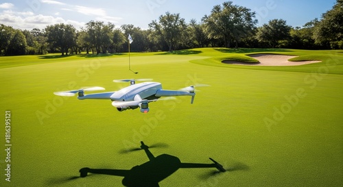 White quadcopter drone hovering over green golf course grass with shadow on sunny day