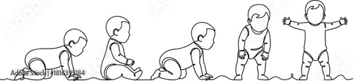 baby, development, growth, crawling, sitting, standing, movement, milestone, infant, toddler, continuous, line, drawing, stages, posture, physical, progress, child, sketch, illustration