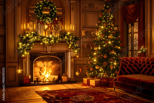 Cozy winter evening with fireplace and Christmas lights