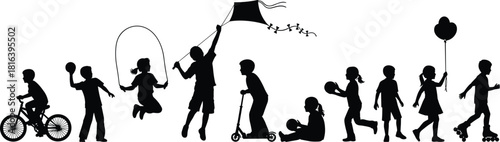 children, silhouette, play, outdoor, activity, motion, black, white, fun, energy, sport, biking, running, skating, scooter, balloon, sitting, jumping, interaction, development