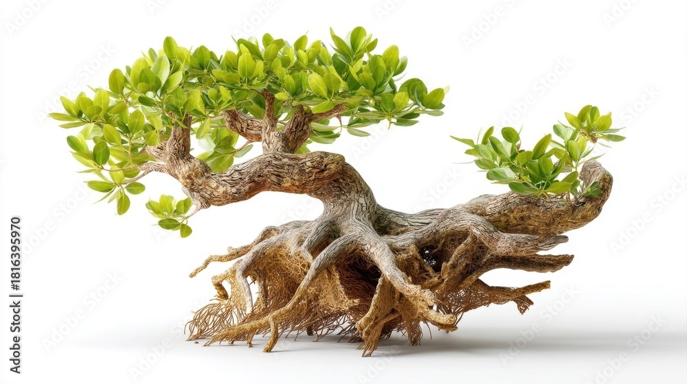 Fototapeta premium A small bonsai tree with vibrant green leaves and intricate roots, artistically shaped against a white background.