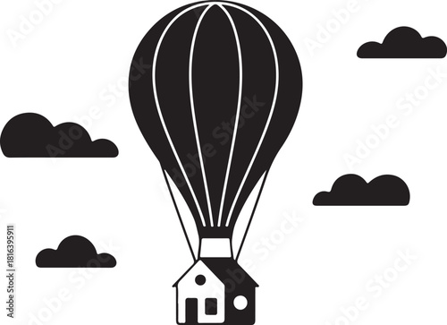 Black silhouette of a house suspended from a hot air balloon floating among clouds home