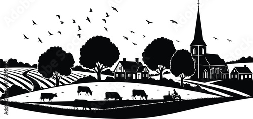 farm, countryside, rural, silhouette, tractor, cows, road, trees, church, steeple, house, field, crops, birds, nature, peaceful, agriculture, landscape, black, white