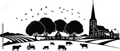 farm, countryside, rural, silhouette, tractor, cows, trees, church, steeple, house, field, crops, birds, peaceful, nature, agriculture, landscape, black, white, illustration
