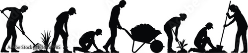 gardening, silhouette, teamwork, rake, shovel, planting, wheelbarrow, soil, outdoor, labor, landscaping, garden, tools, dig, work, activity, black, illustration, manual, effort