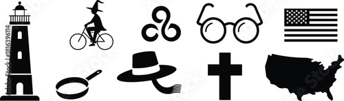 lighthouse, bicycle, witch, triquetra, eyeglasses, cross, hat, scarf, frying, pan, flag, USA, map, silhouette, black, icon, culture, symbol, American, illustration