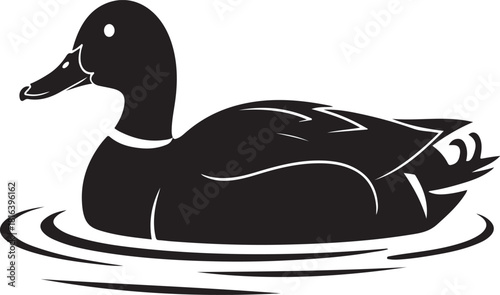 Black silhouette of a mallard duck swimming on rippling water with white accents vector
