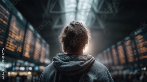 Journey begins in a bustling train station filled with anticipation and the glow of departure boards