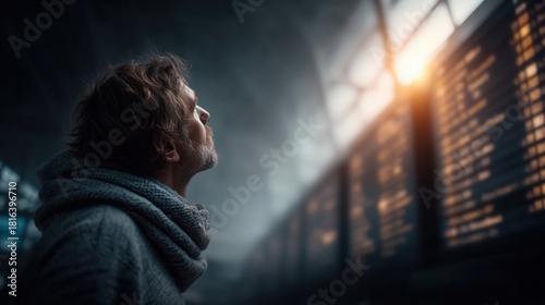 Man gazes contemplatively at departure board in a dimly lit train station at dawn, feeling a mix of anticipation and nostalgia