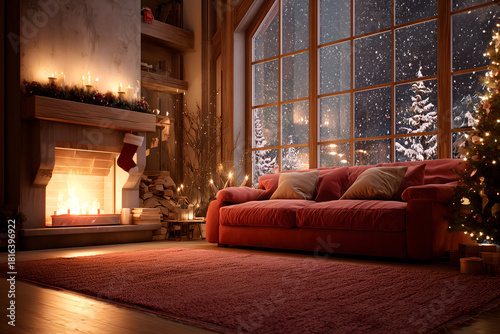 Elegant winter living room with festive lighting