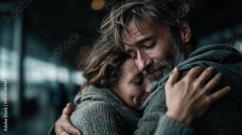 Couple embraces warmly in a busy terminal, sharing a moment of love and connection amidst the hustle of travel