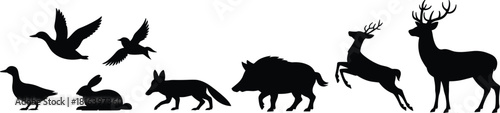 wildlife, animals, silhouette, forest, nature, deer, boar, fox, bird, duck, rabbit, antlers, black, illustration, profile, woodland, flying, walking, standing, mammal