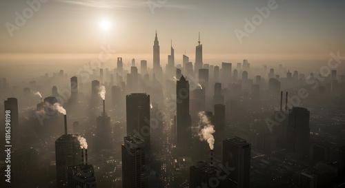 Fototapeta Naklejka Na Ścianę i Meble -  Polluted city skyline at sunset with industrial smoke and haze